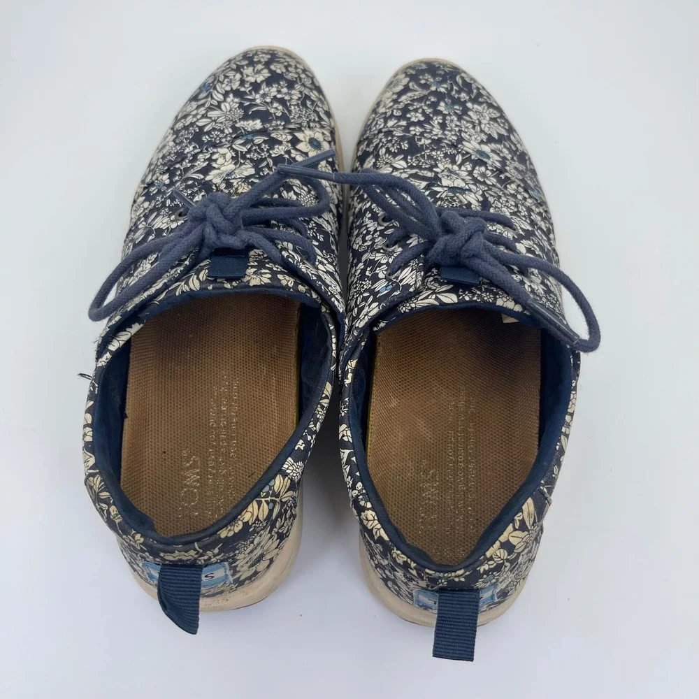 TOMS Womens‎ 8.5 Floral Lace Up Sneakers Blue White Casual Comfort Shoes